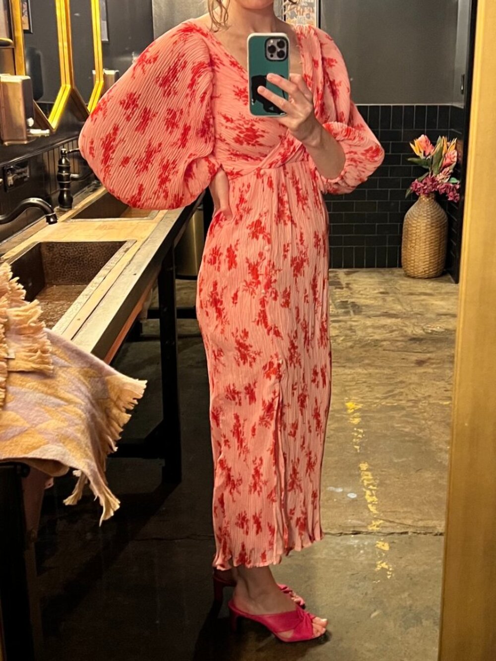 ASOS Red and Pink Floral Midi V-neck Dress Size 4